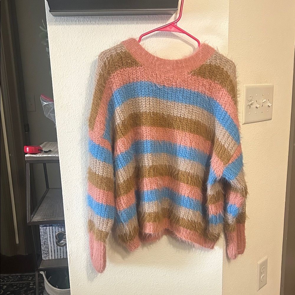 entro Fuzzy Striped Crewneck Sweater in Pink, Blue & Brown